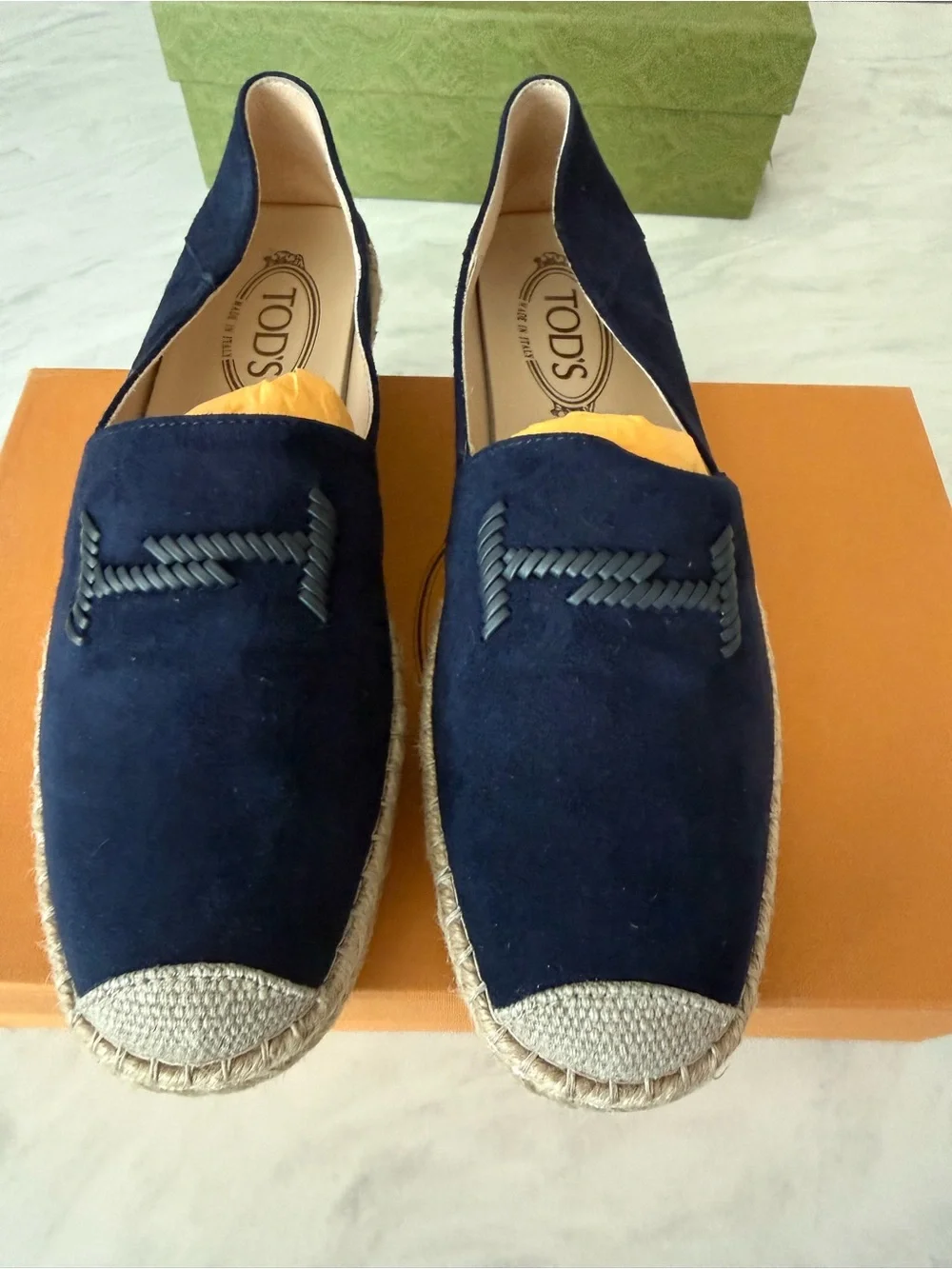 TOD'S Navy Suede leather Espadrille Slip-Ons with logo embroidered Sz 39.5